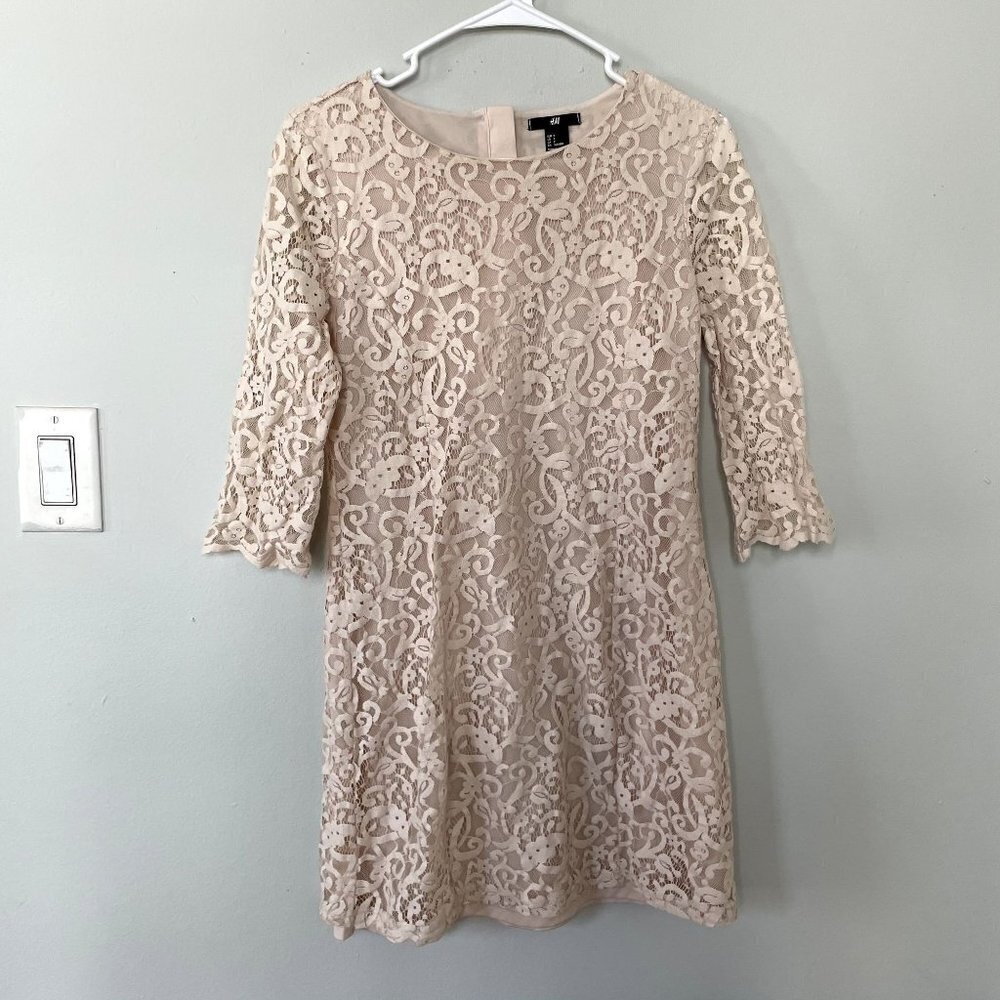 H&M blush tan lace overlay 3/4 sleeve knee length dress formal cotton size small